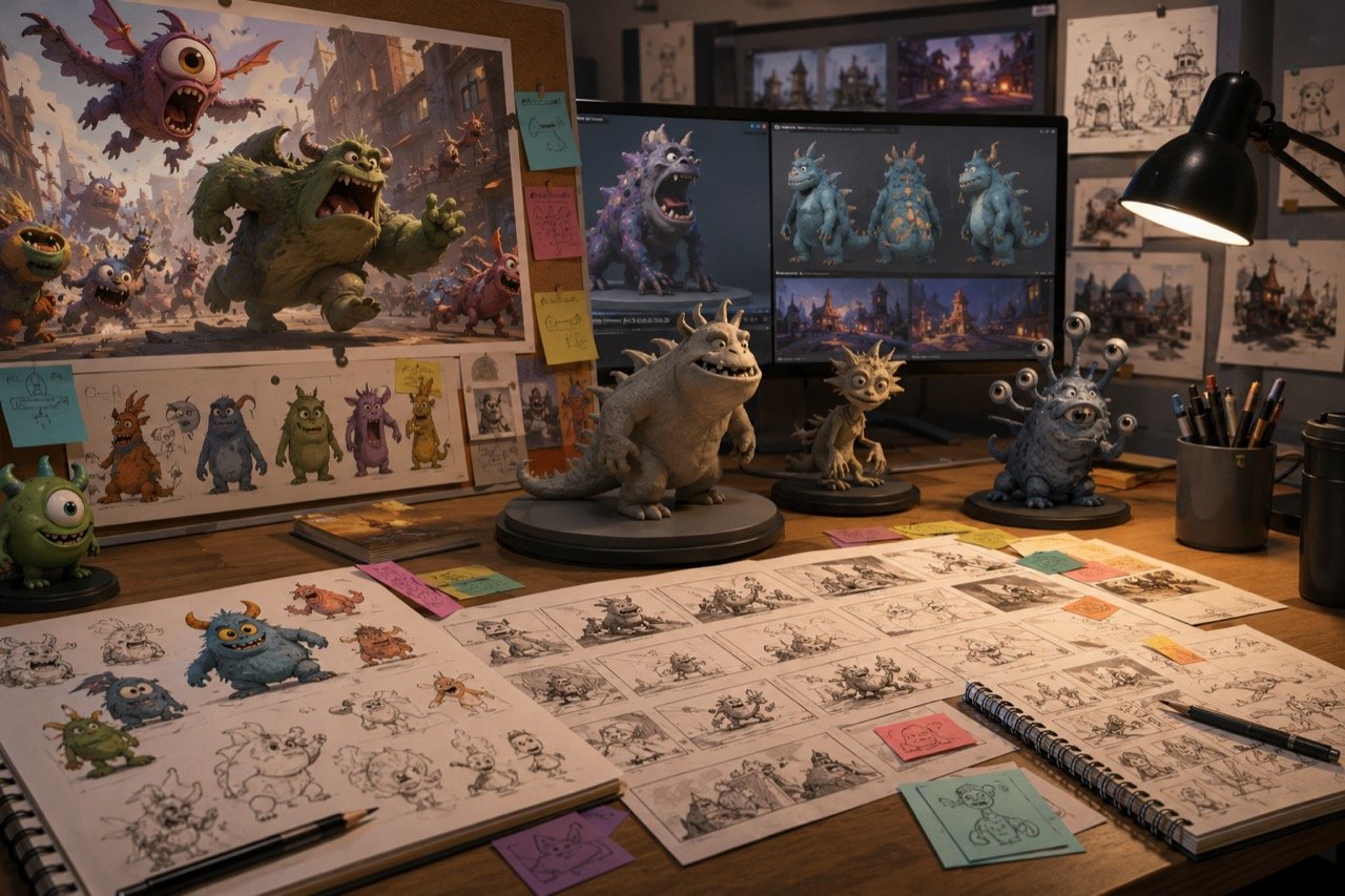 Colourful cartoon minion-like creatures and goofy monsters tumbling through a chaotic animated cityscape in a bright family film scene