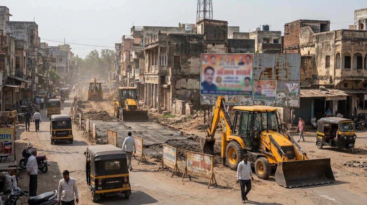 Ujjain cityscape with under-construction roads amid scrutiny of land deals linked to the Madhya Pradesh chief minister's family