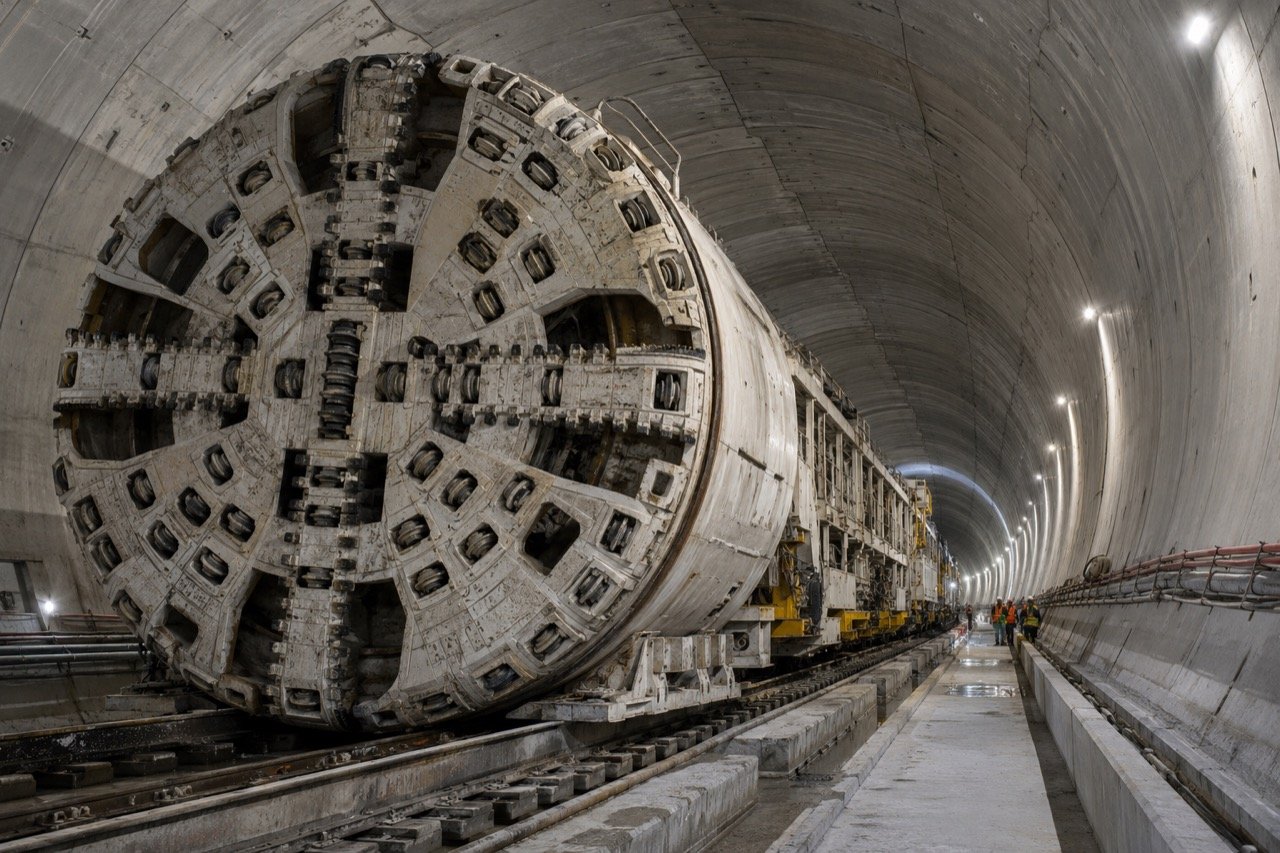 A massive tunnel boring machine with a giant circular cutting head inside an illuminated underground tunnel on the Mumbai-Ahmedabad bullet train corridor