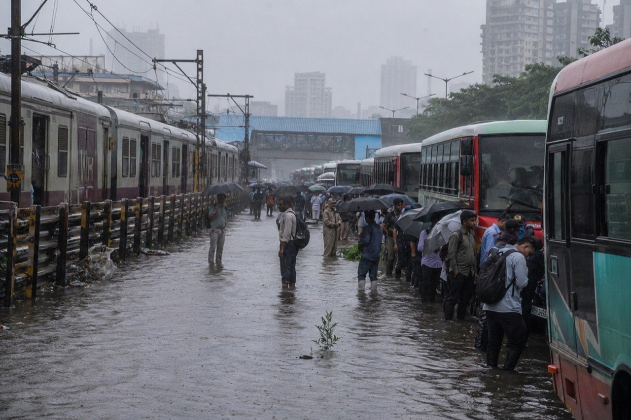 Commuters wading through a waterlogged Mumbai street in heavy monsoon rain, with stalled traffic and a suburban railway line in the background