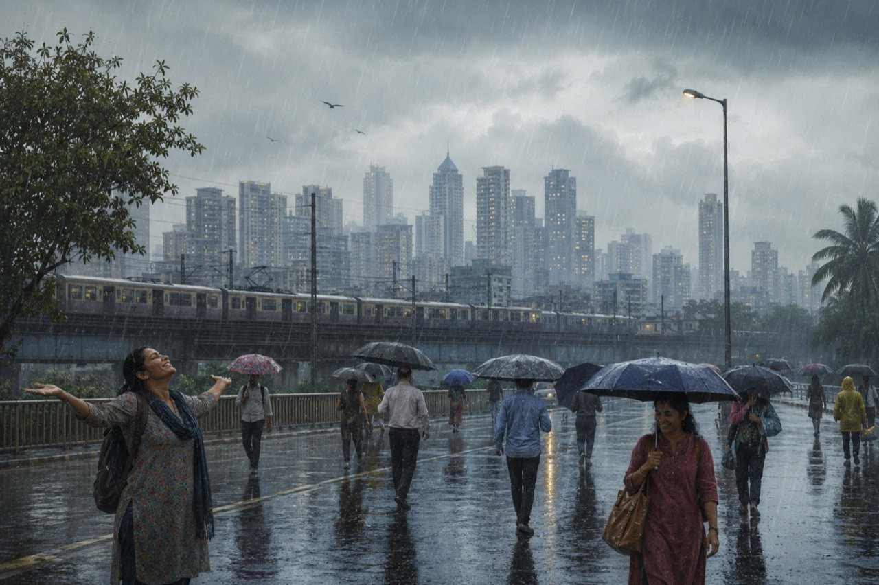 Rain-soaked Mumbai street with waterlogging and commuters during heavy June 2026 showers