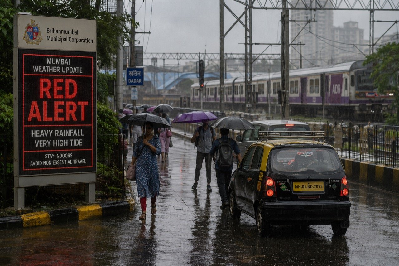 Torrential monsoon rain lashing Mumbai's skyline, with commuters under umbrellas and an aircraft descending through dark storm clouds towards the airport