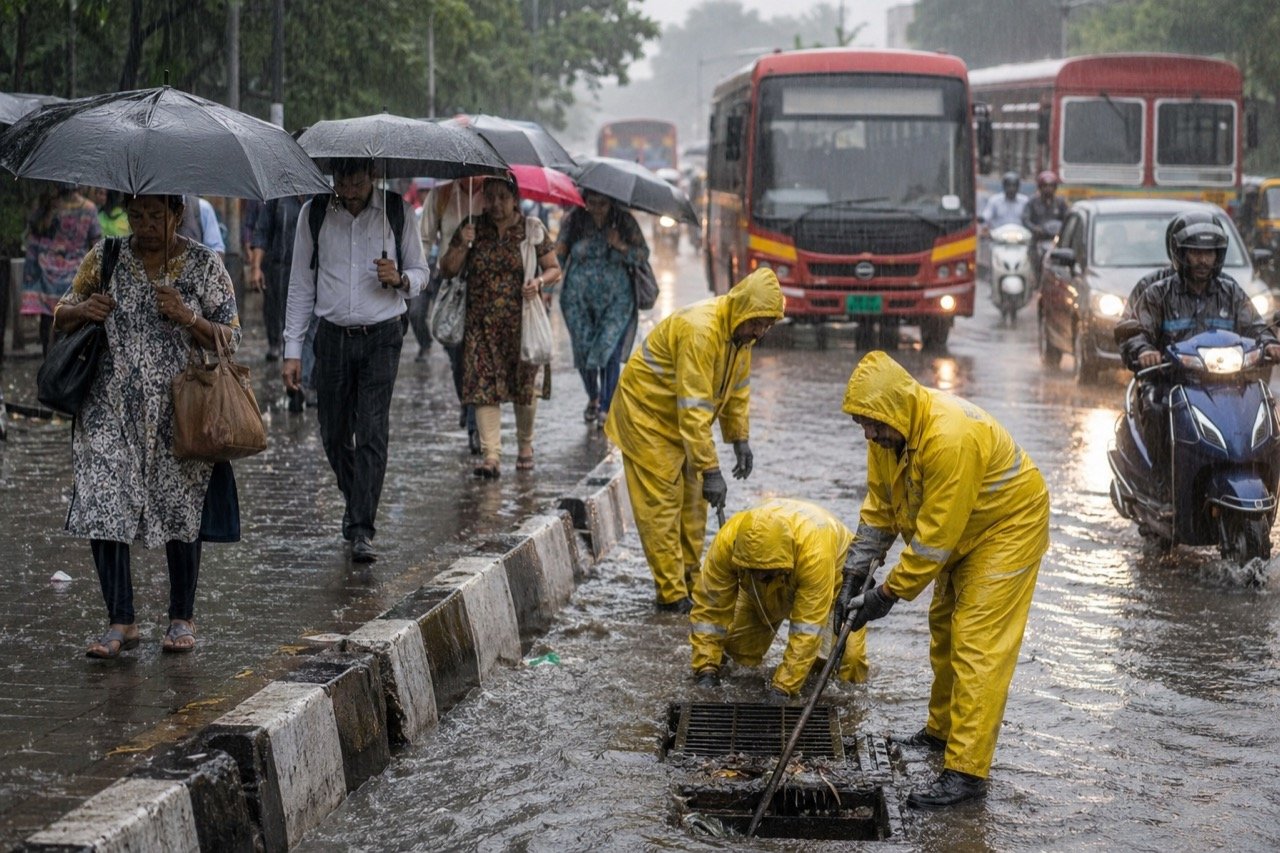 Commuters wading through a waterlogged Mumbai street under dark monsoon clouds, with local trains and high-rises in the background