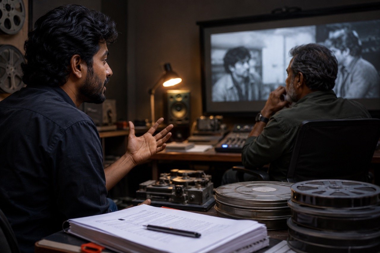 A film clapperboard and director's chair on a Tamil cinema set, with reels of film symbolising a remake in progress