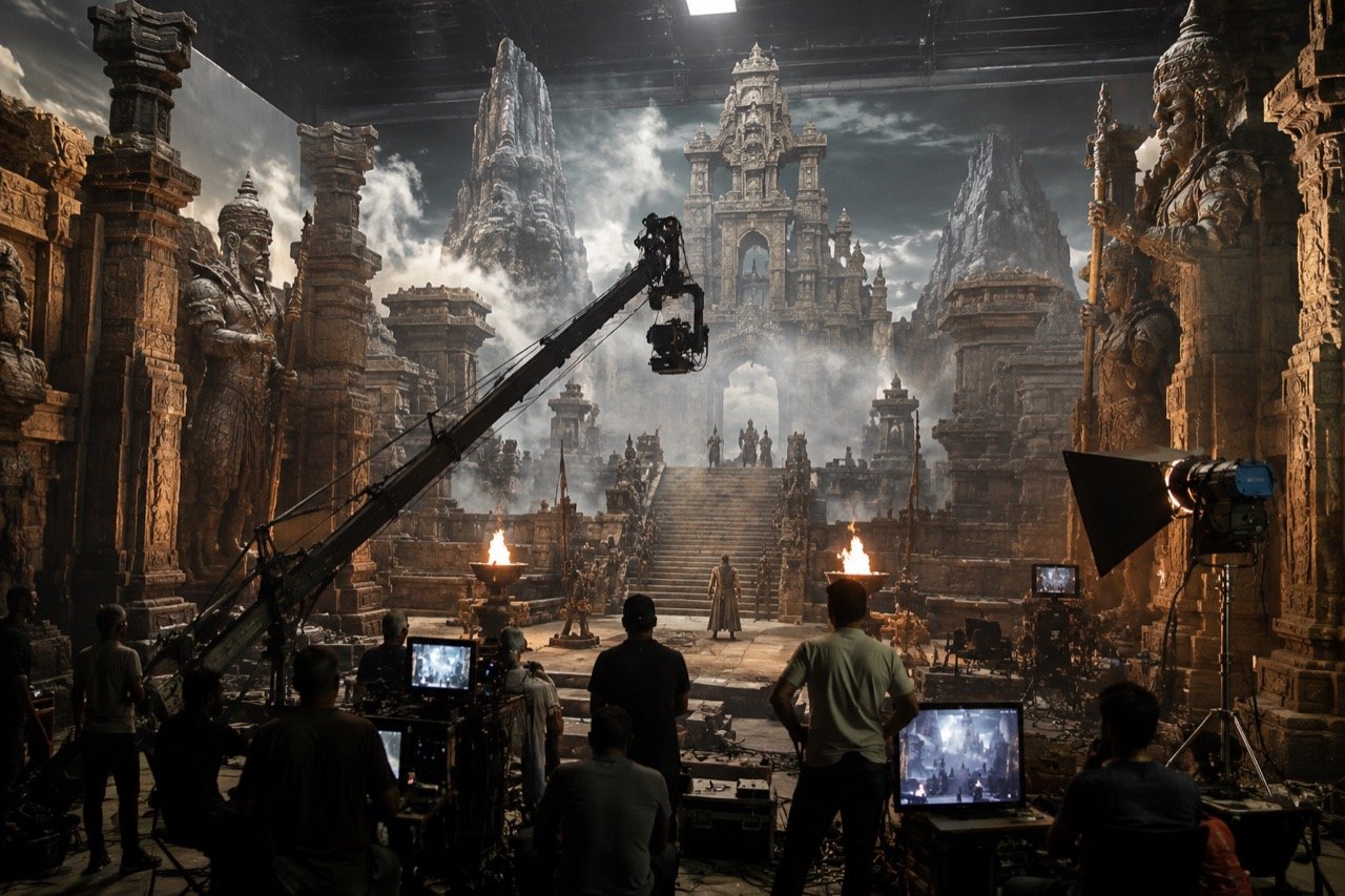 A sweeping fantasy film set with towering serpent-themed statues and dramatic lighting, evoking the mythological spectacle of Nagabandham.