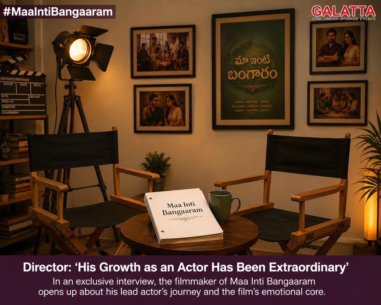 Samantha Ruth Prabhu in a warm-toned portrait beside Telugu film clapperboard imagery, evoking the intimate mood of Maa Inti Bangaaram