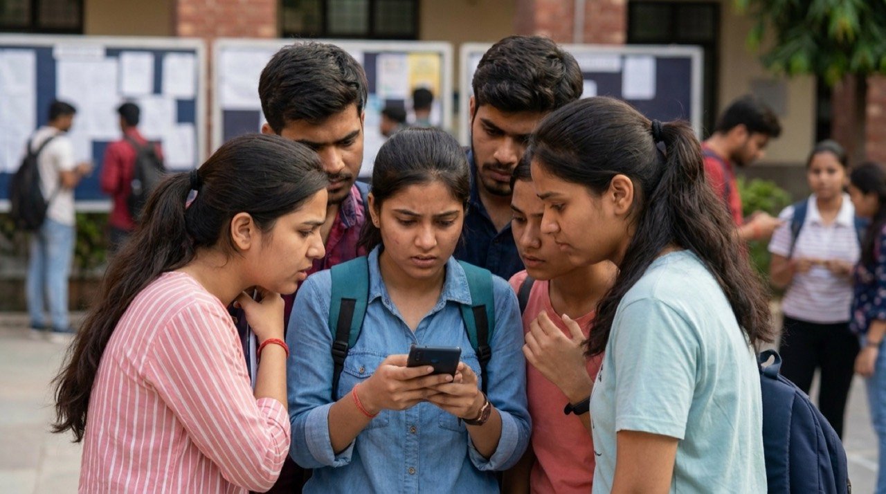 Students checking official exam notices on a smartphone amid NEET-UG paper-leak misinformation
