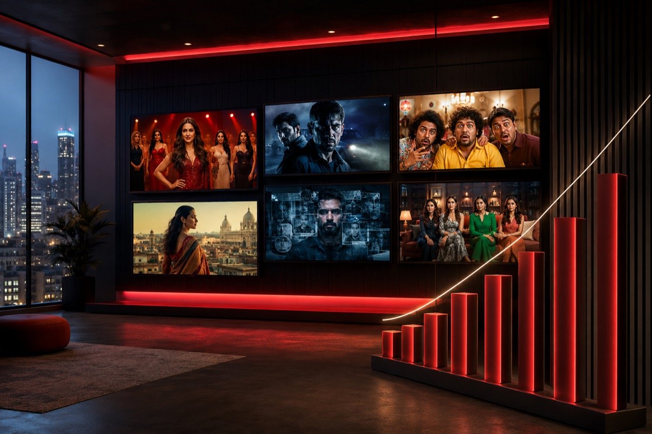 A living room television showing a streaming platform's Indian content menu, with tiles for reality shows, thrillers and films glowing on screen