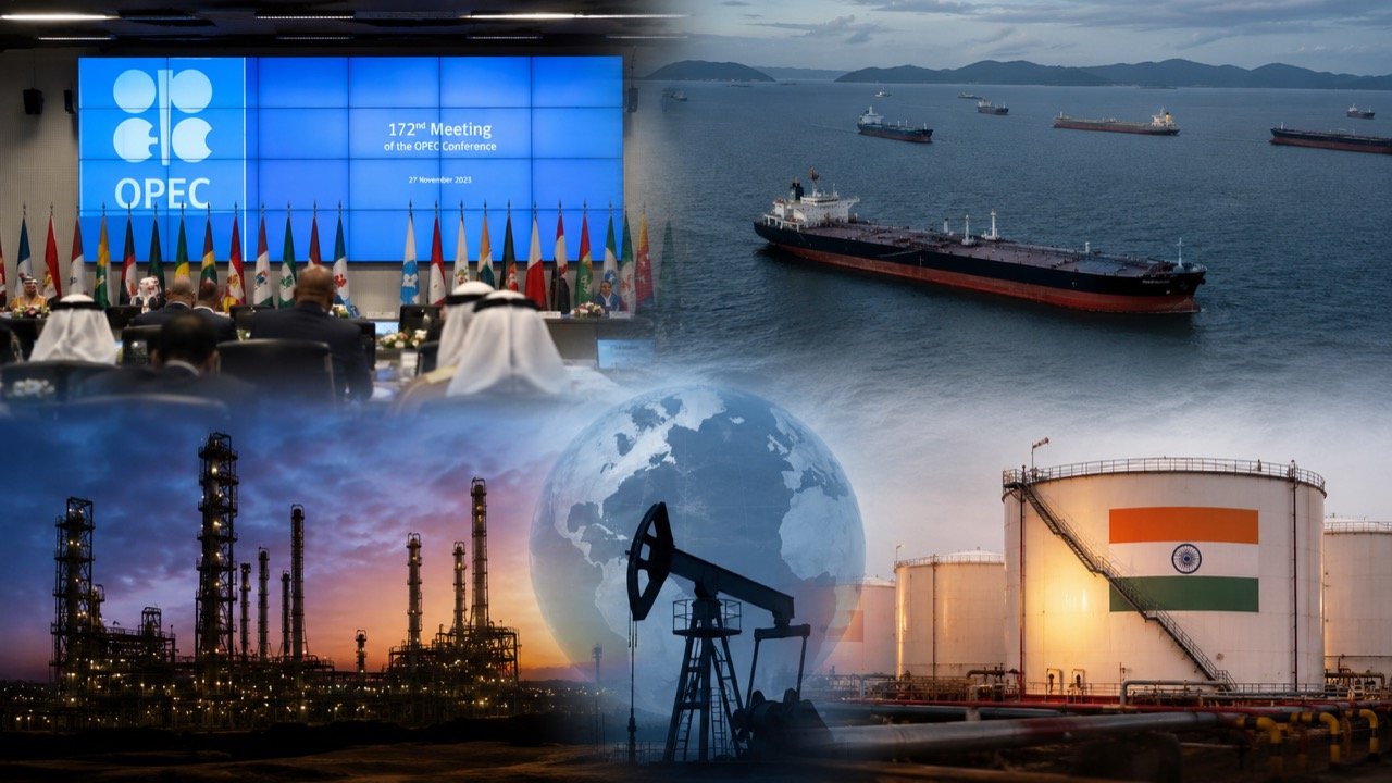 Oil pumpjacks and storage tanks silhouetted against a dusk sky, with a rising price chart overlay symbolising global crude markets