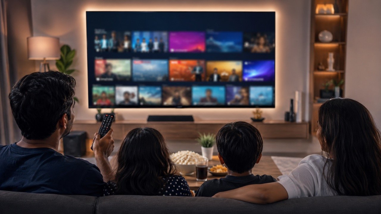 A collage-style 16:9 illustration of a glowing streaming screen surrounded by popcorn and remote controls, representing India's weekly OTT release window