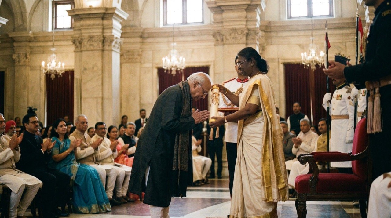 President Droupadi Murmu presenting a Padma award to an honouree at the Rashtrapati Bhavan investiture ceremony