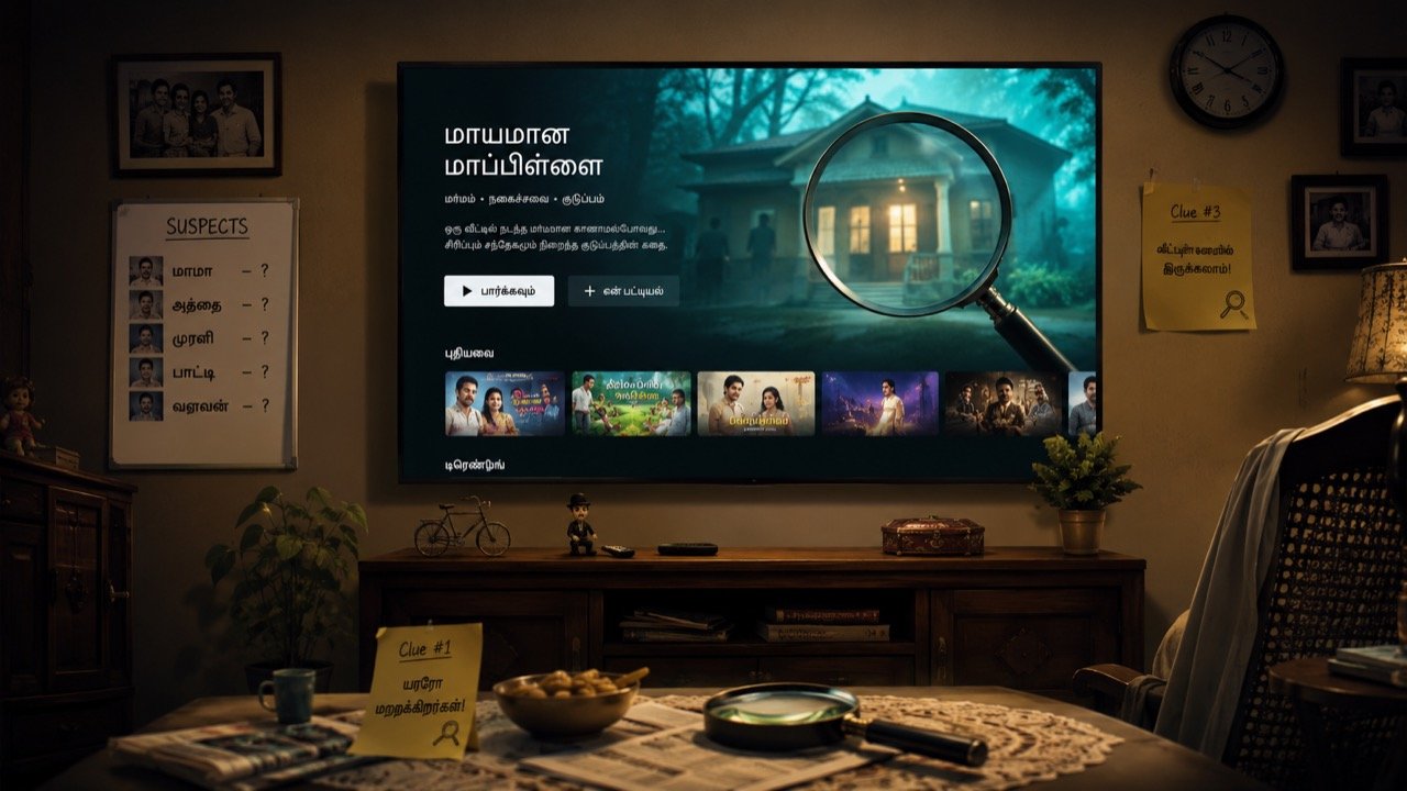 A cosy Tamil family living room scene with a television glowing in the evening, hinting at a mystery-comedy streaming premiere