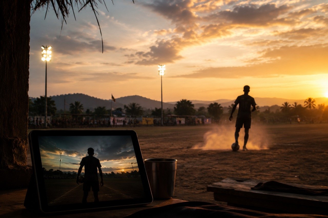 A rural sports arena at dusk with a lone athlete silhouetted mid-action, evoking the mass-appeal energy of a Telugu sports action drama heading to streaming