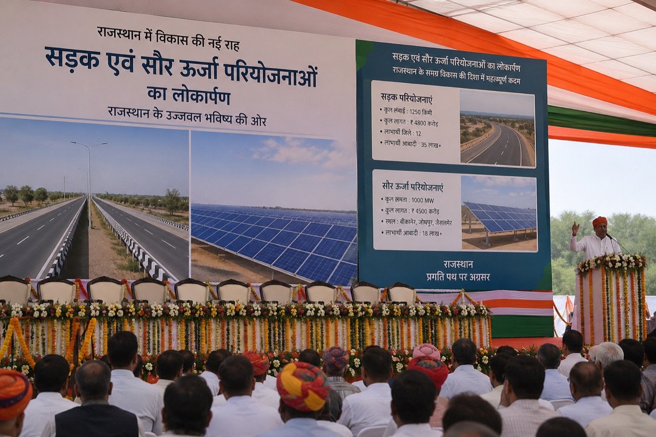 Prime Minister Narendra Modi addressing a large public rally in Balotra, Rajasthan, with infrastructure project banners and crowds in the background