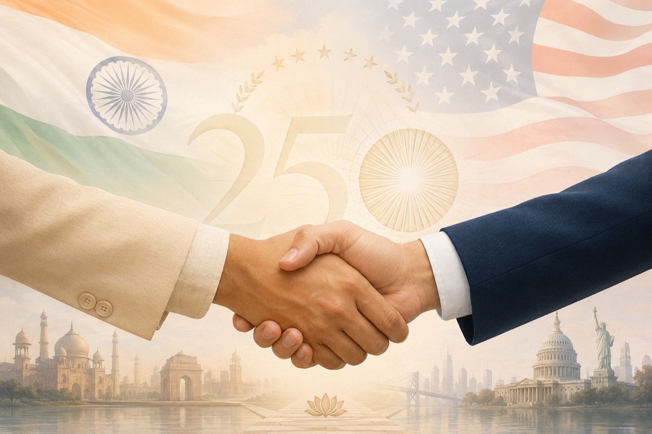 The Indian tricolour and the American Stars and Stripes flying side by side against a ceremonial government backdrop