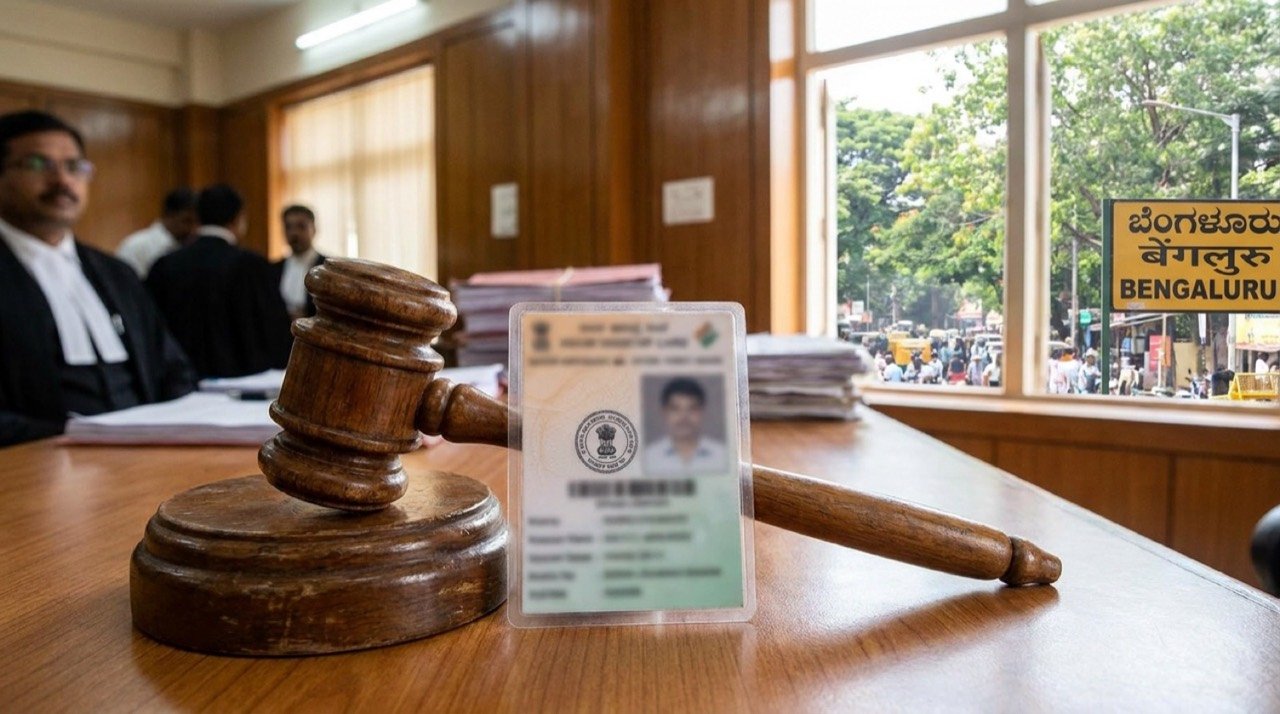 Court gavel and voter identity card symbolising the legal case against actor Prakash Raj in Bengaluru