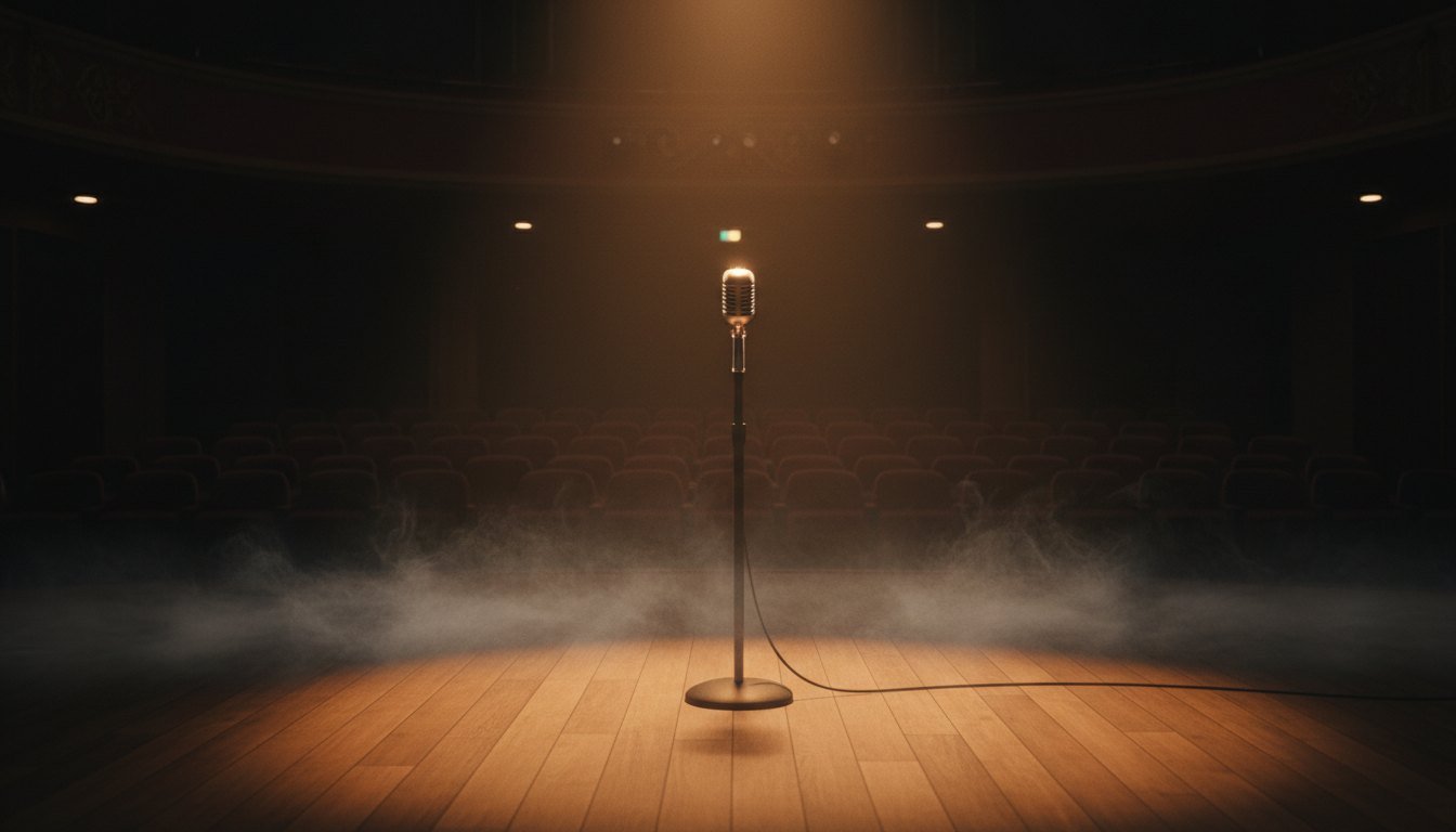 A single vintage microphone under a spotlight on an empty stage, a tribute to a late playback singer