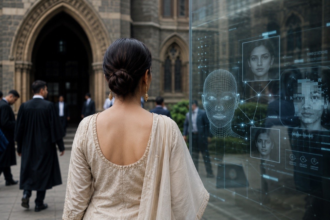 A gavel beside a smartphone screen showing a distorted AI-generated video of an actress, symbolising a court battle over deepfakes and personality rights