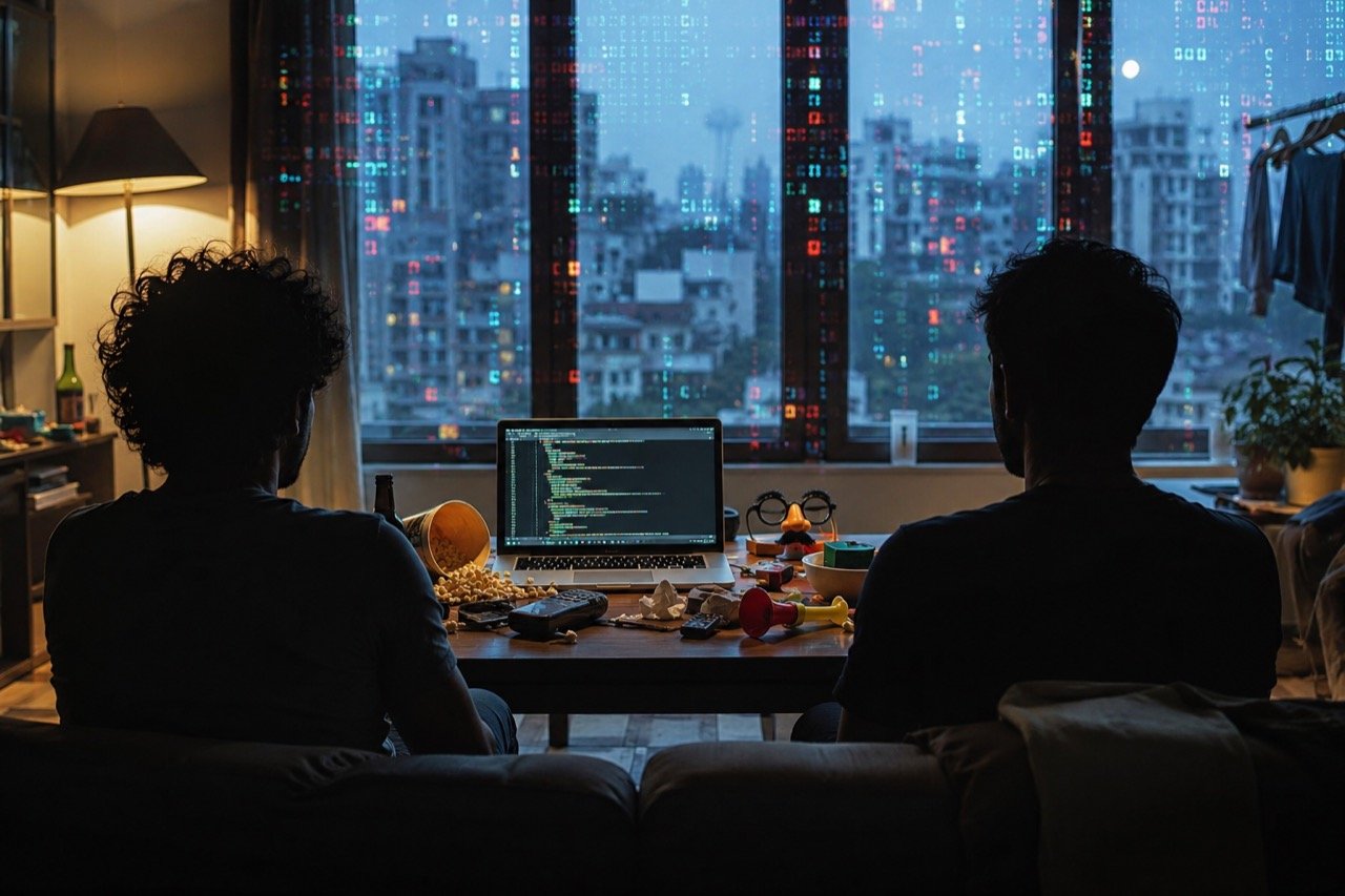 Two mismatched comic detectives at a cluttered desk lit by laptop screens showing scam alerts, in a stylised Indian web-series poster look
