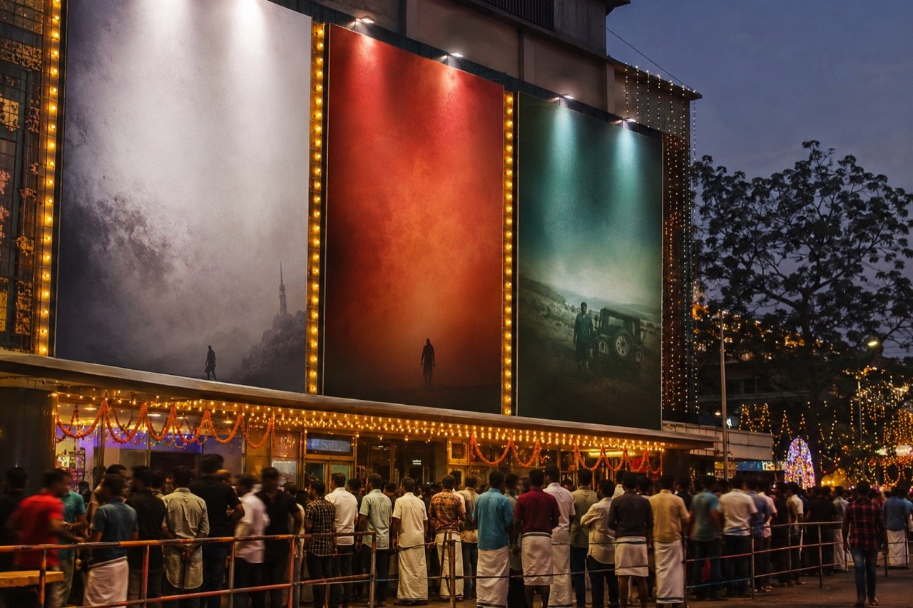 A festive Kerala cinema hall decorated with Onam floral motifs, three film posters side by side above a crowded box office queue