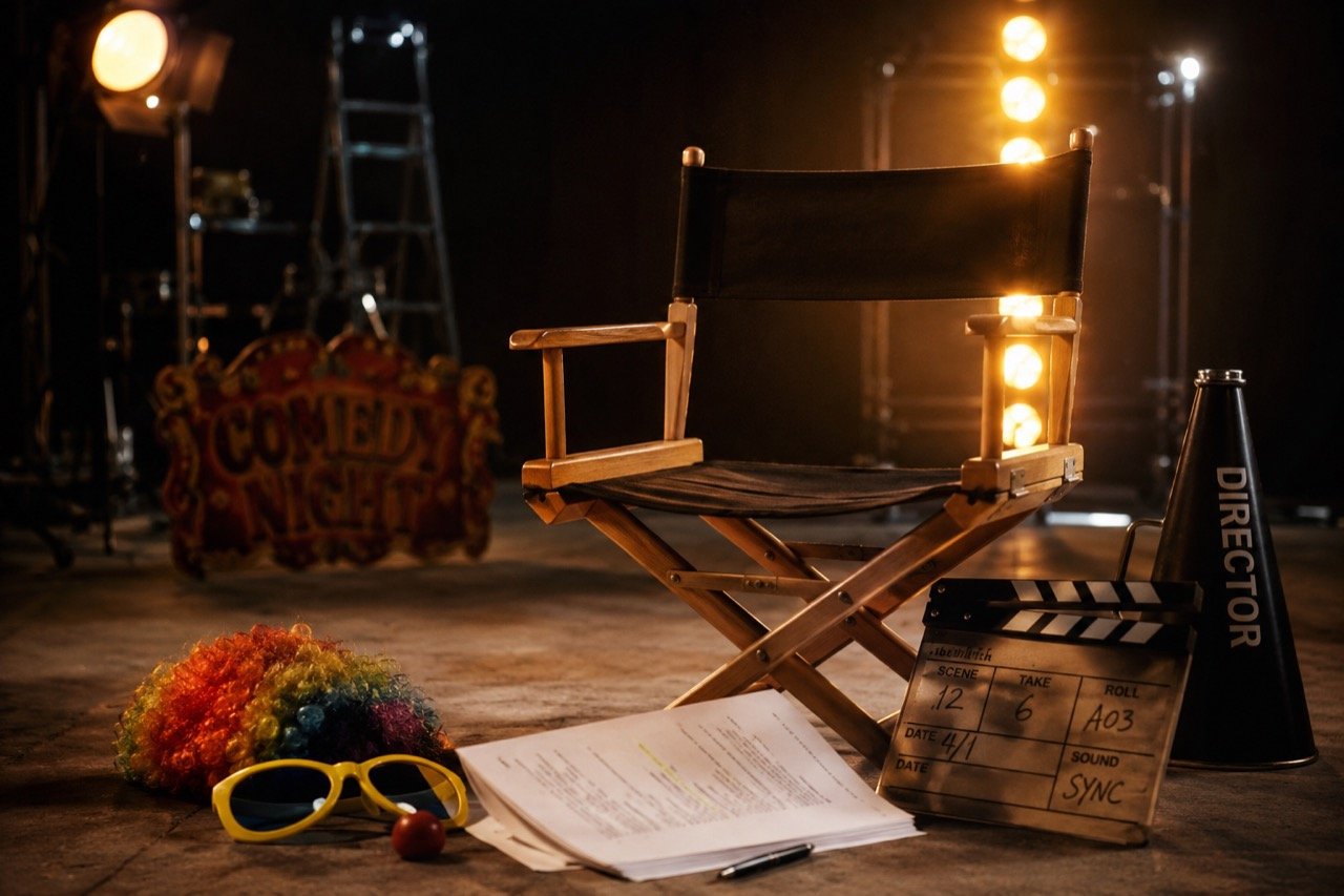 A film director's chair and clapperboard on a Mumbai studio set, symbolising the creative tussle over the Hera Pheri comedy franchise