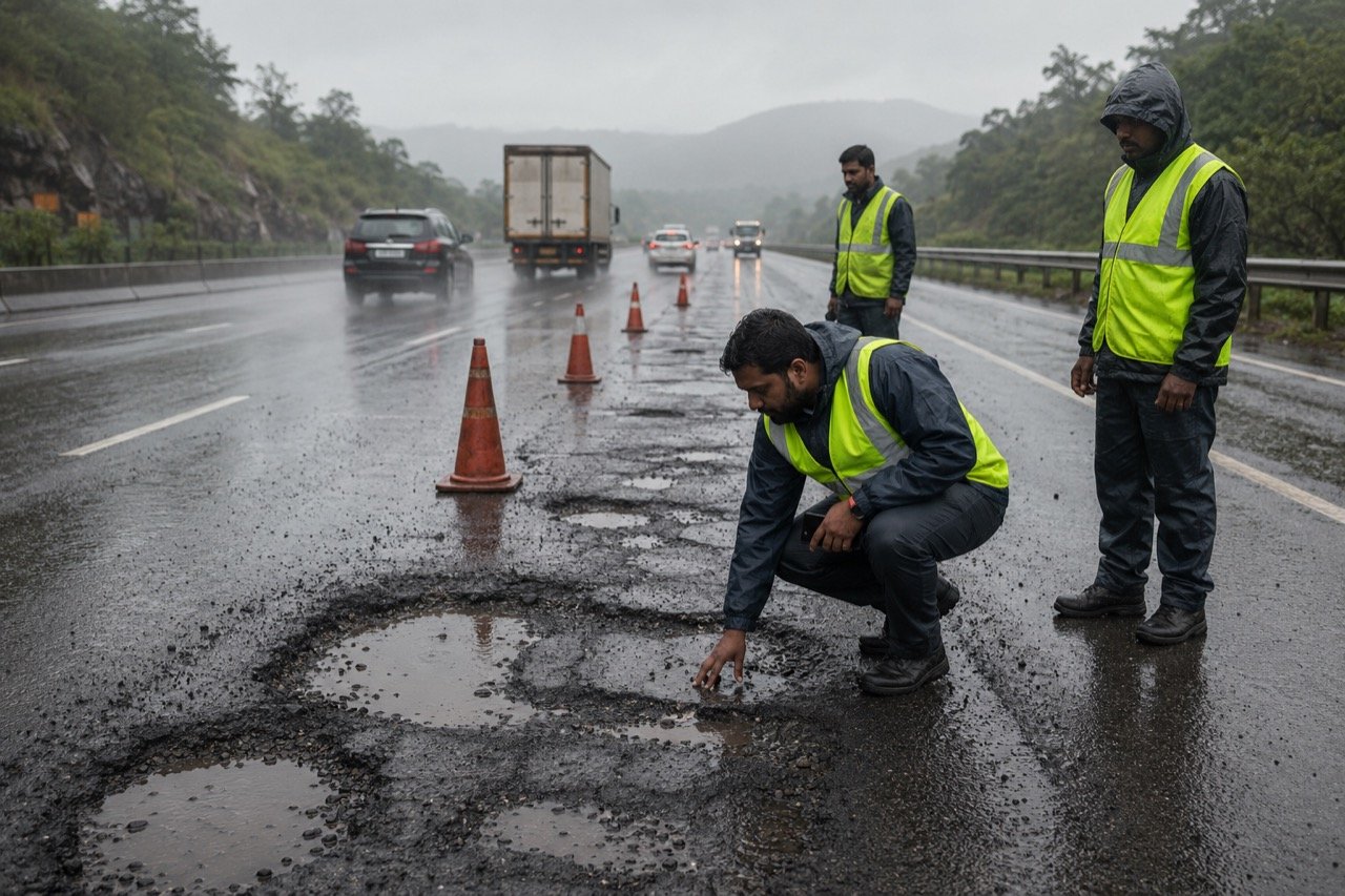 Vehicles navigating a rain-soaked stretch of the Pune-Mumbai Expressway with visible road damage and repair barricades under overcast monsoon skies