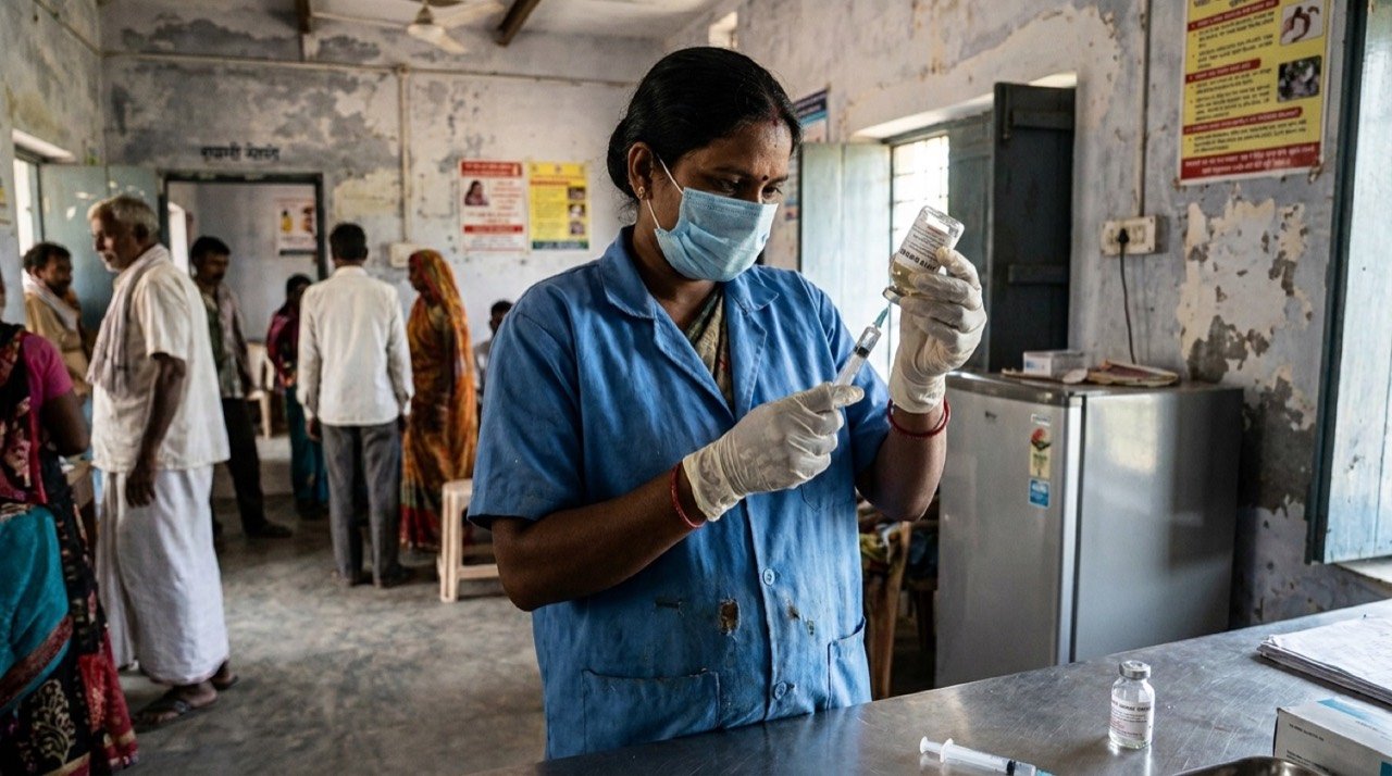 Healthcare worker preparing anti-snake venom treatment at a rural Indian health centre