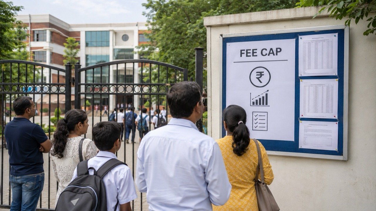 Parents and schoolchildren outside a private school in Punjab, illustrating the state's new fee-hike cap ordinance
