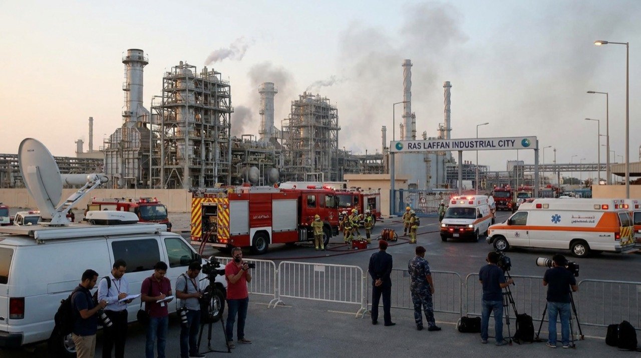 Emergency response at a gas processing facility in Qatar's Ras Laffan Industrial City after an explosion