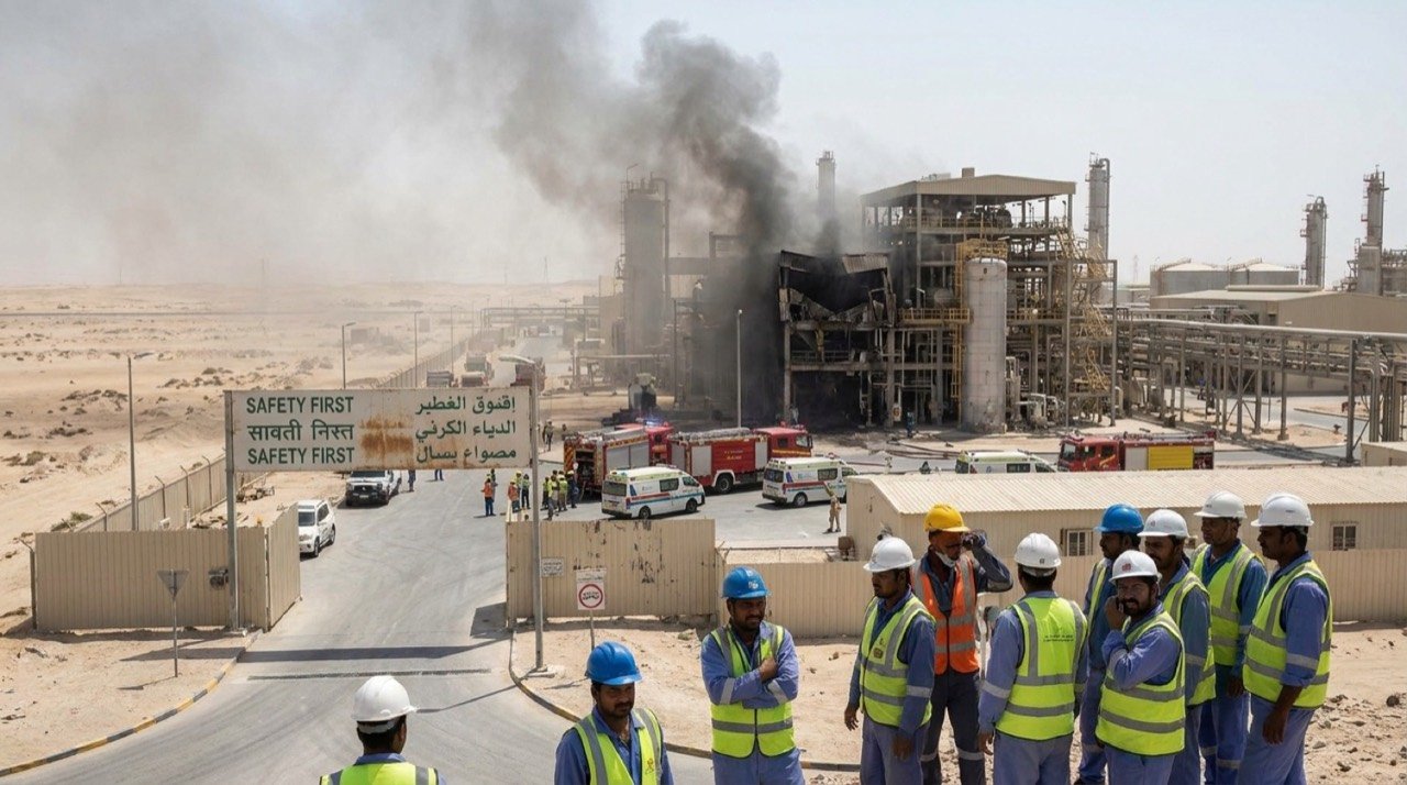 Industrial plant in Qatar with emergency response after an explosion, illustrating Indian overseas worker safety concerns