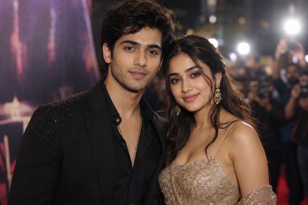 Raghav Juyal and Niharika NM smiling together at a film promotional event, surrounded by photographers and phone cameras