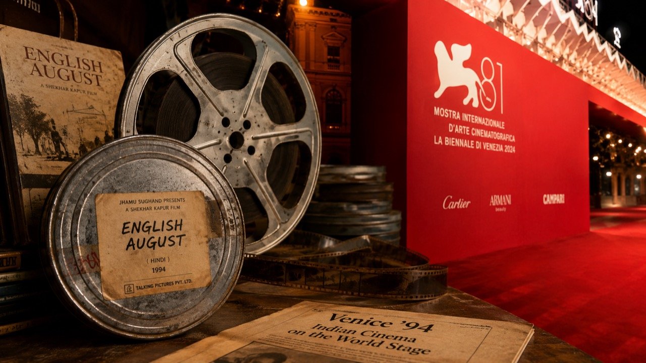 Restored film reels and a vintage projector casting light onto a Venice festival screen, evoking the revival of the 1990s Indian classic English, August