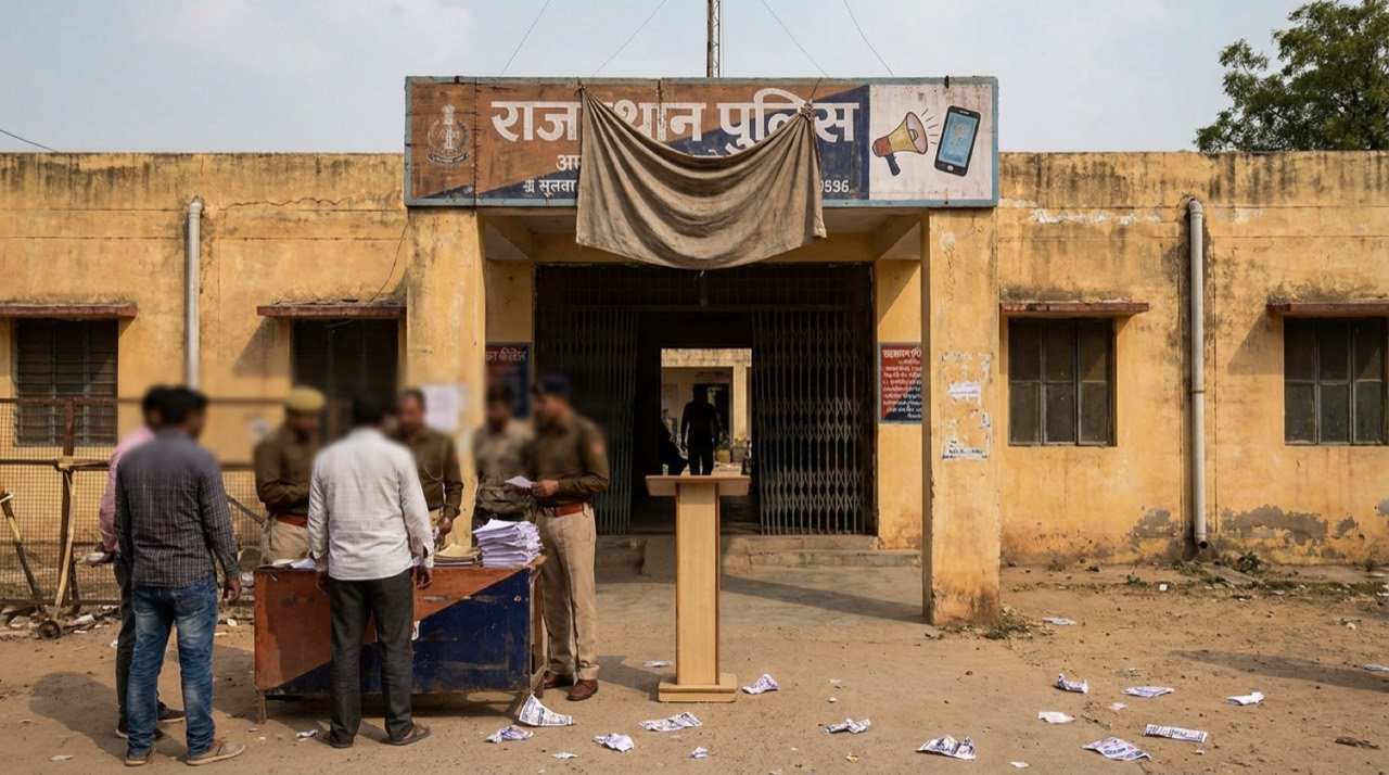 Rajasthan Police station signboard symbolising a custody and free-speech controversy over a social-media video