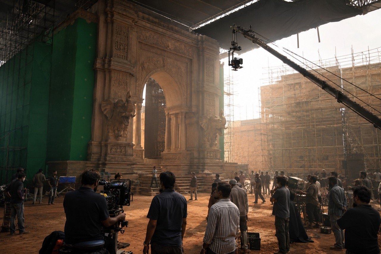 A grand Indian epic film set with ornate ancient architecture, dramatic lighting and a large-scale production crew at work