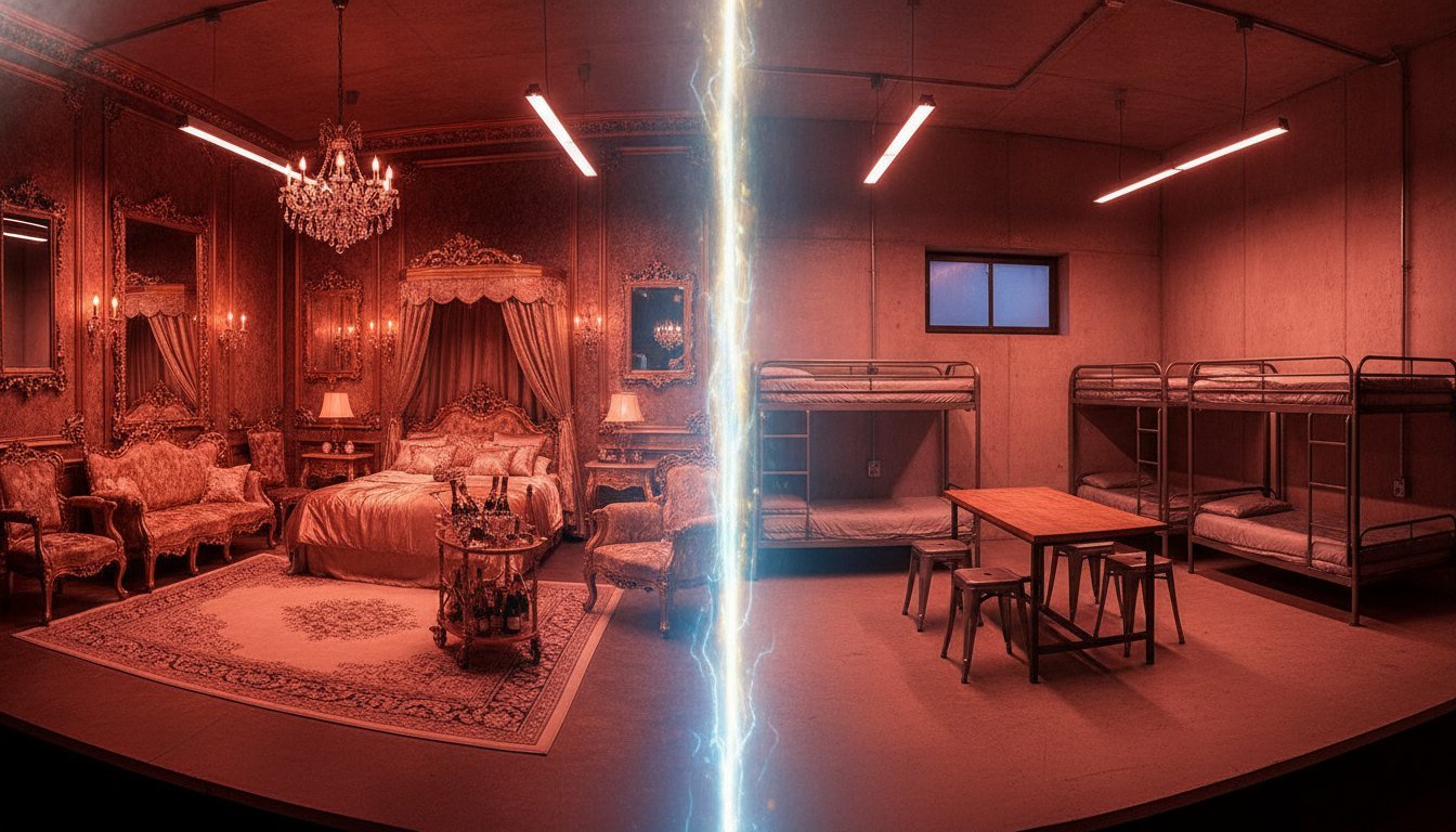 A room split between a lavish bedroom and a spartan bunk dormitory, divided by a bolt of light