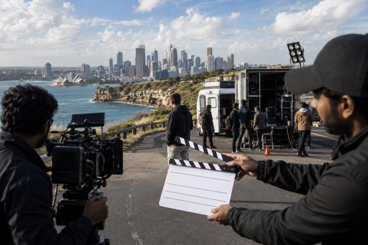 Ranveer Singh silhouetted against a dramatic film set with cameras and crew, an Australian coastal skyline glowing in the background at dusk