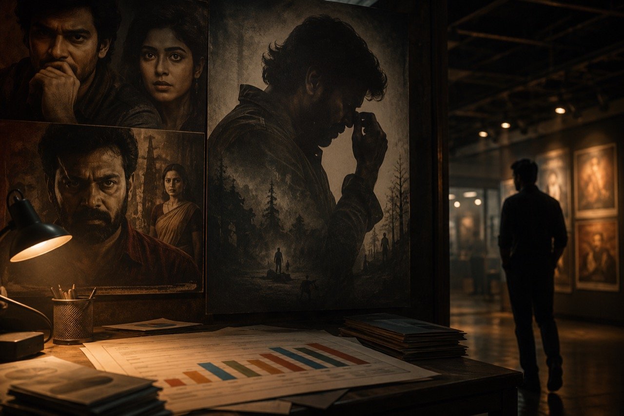 A moody, dimly lit cinema hall with a period-drama poster on screen, evoking the tense atmosphere of a Telugu psychological mystery film