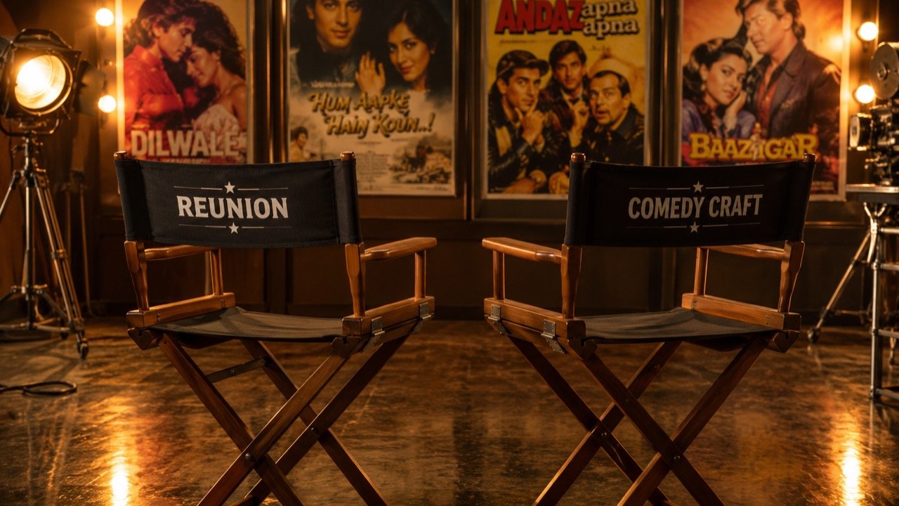 Two Bollywood co-stars sharing a laugh on a vibrant film set with retro 1990s posters and studio lights framing the scene