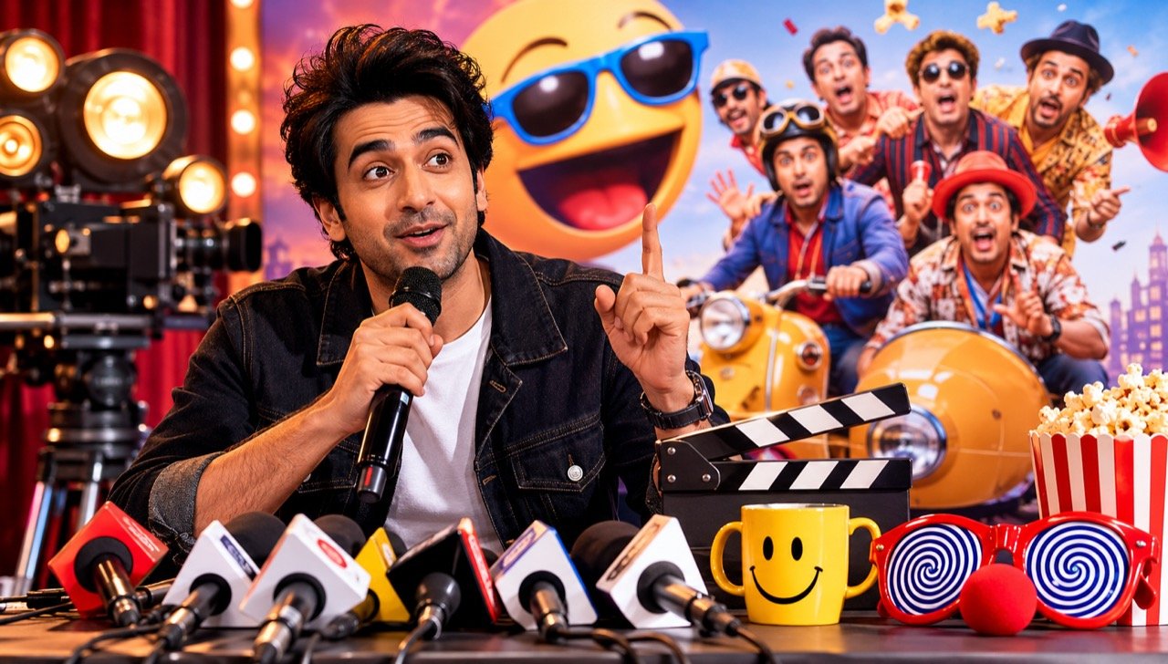 A packed Indian cinema hall with an audience laughing at a bright comedy film on the big screen