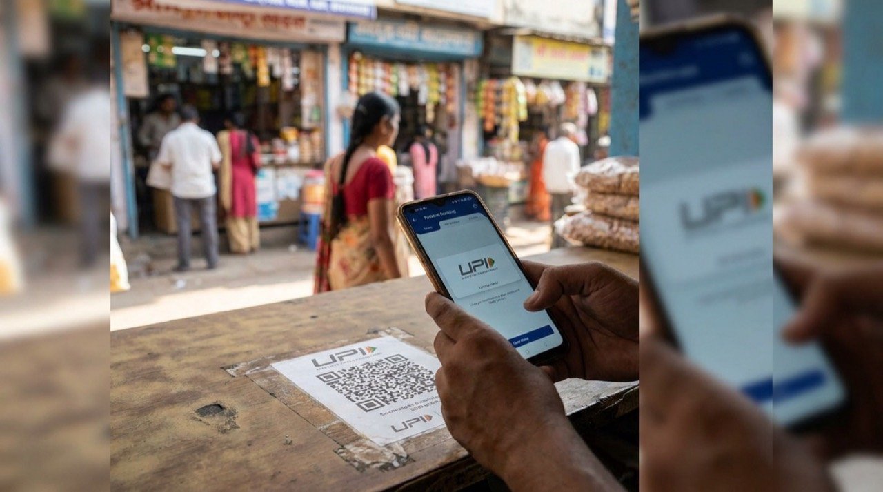 A customer scanning a UPI QR code on a smartphone, illustrating RBI rules on UPI-linked credit lines in India.