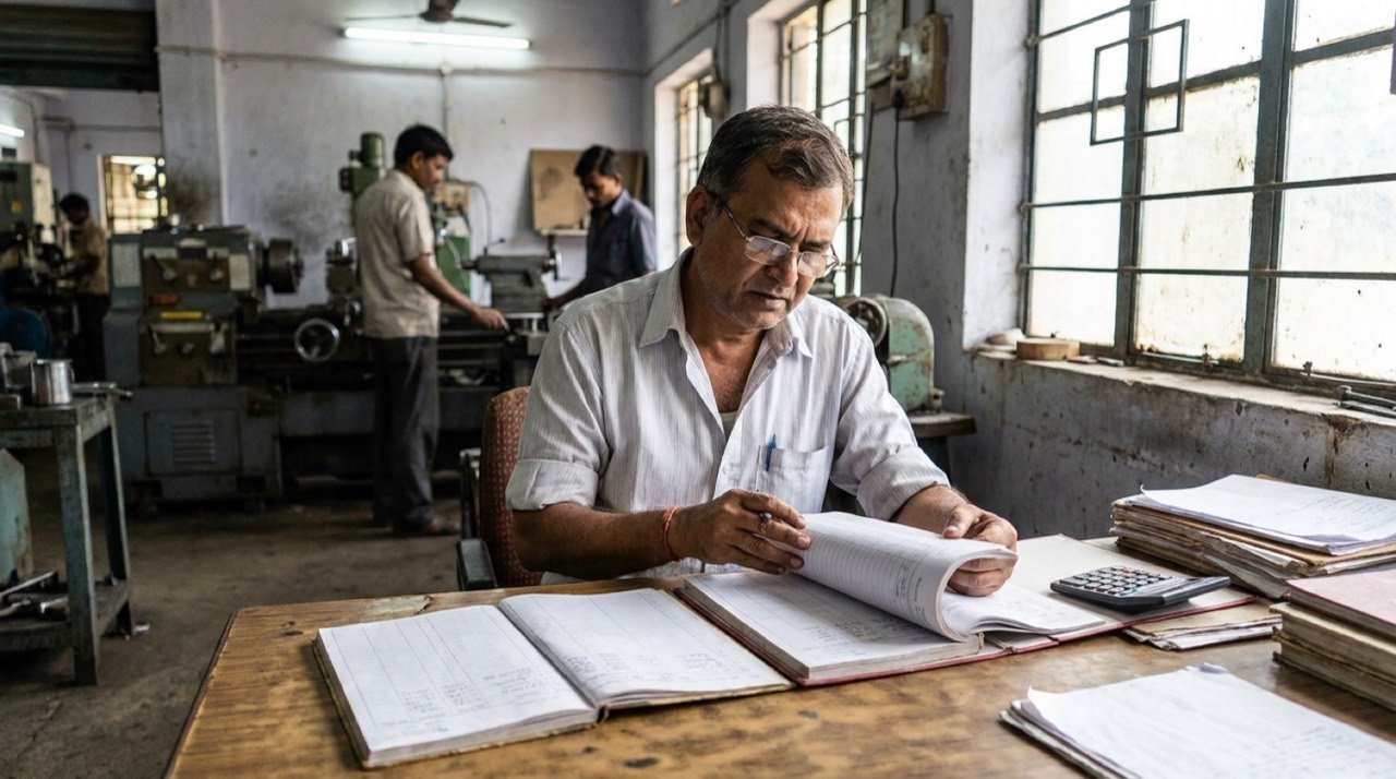 A small manufacturing unit owner reviewing finances, illustrating RBI's call for banks to back MSMEs