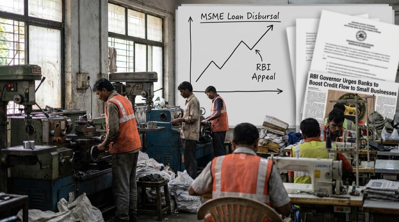 A small manufacturing workshop floor in India with workers and machinery, illustrating MSME credit access and the RBI governor's appeal to banks