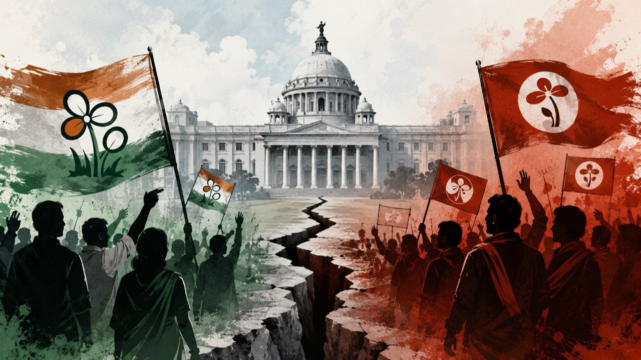 Trinamool Congress flags at a West Bengal rally as a rebel bloc challenges Mamata Banerjee's control of the party