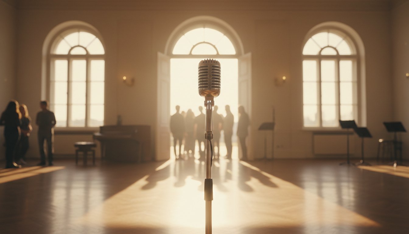 A vintage microphone in a sunlit audition hall as hopefuls gather in the background