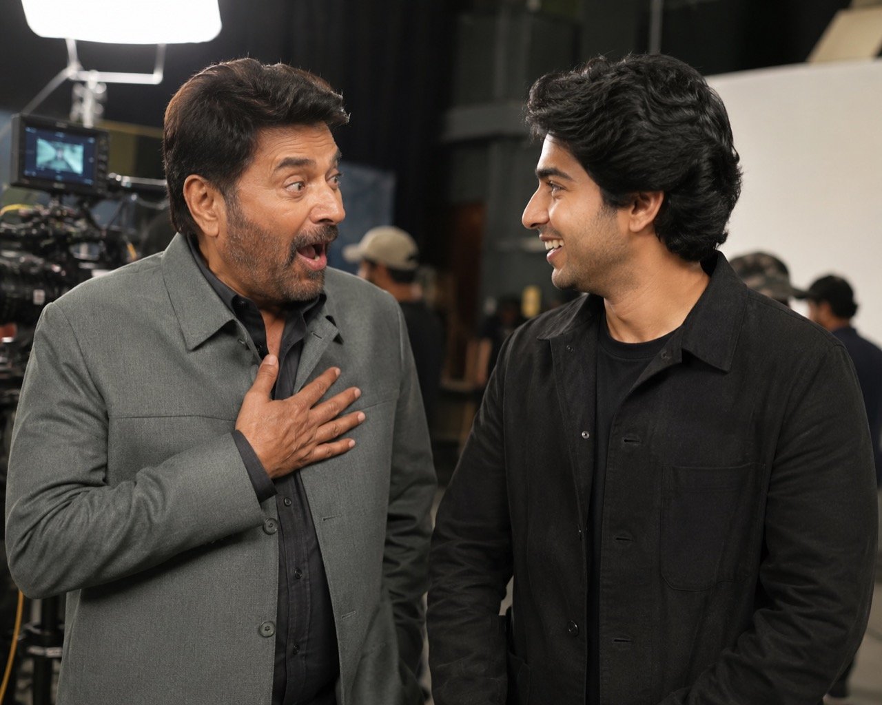 Two Bollywood actors sharing a candid, surprised laugh at a film promotional event under warm stage lighting