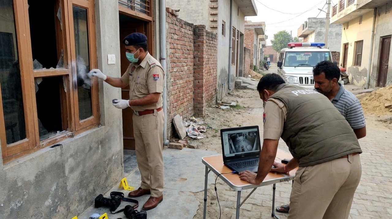 Police investigators collecting fingerprints and reviewing CCTV footage at a burglary scene at a home in Sangrur, Punjab