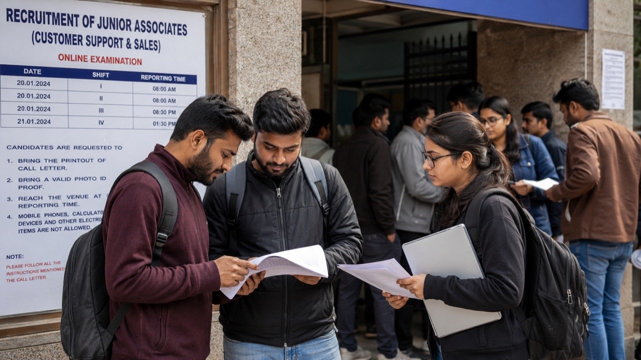 Young Indian graduates studying for a banking exam outside a State Bank of India branch, with recruitment notification papers in hand