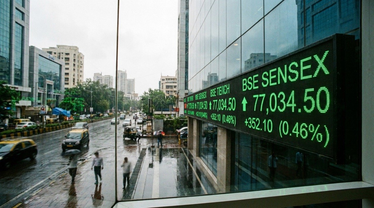 Stock market trading board showing the BSE Sensex above the 77,000 mark with green tickers.