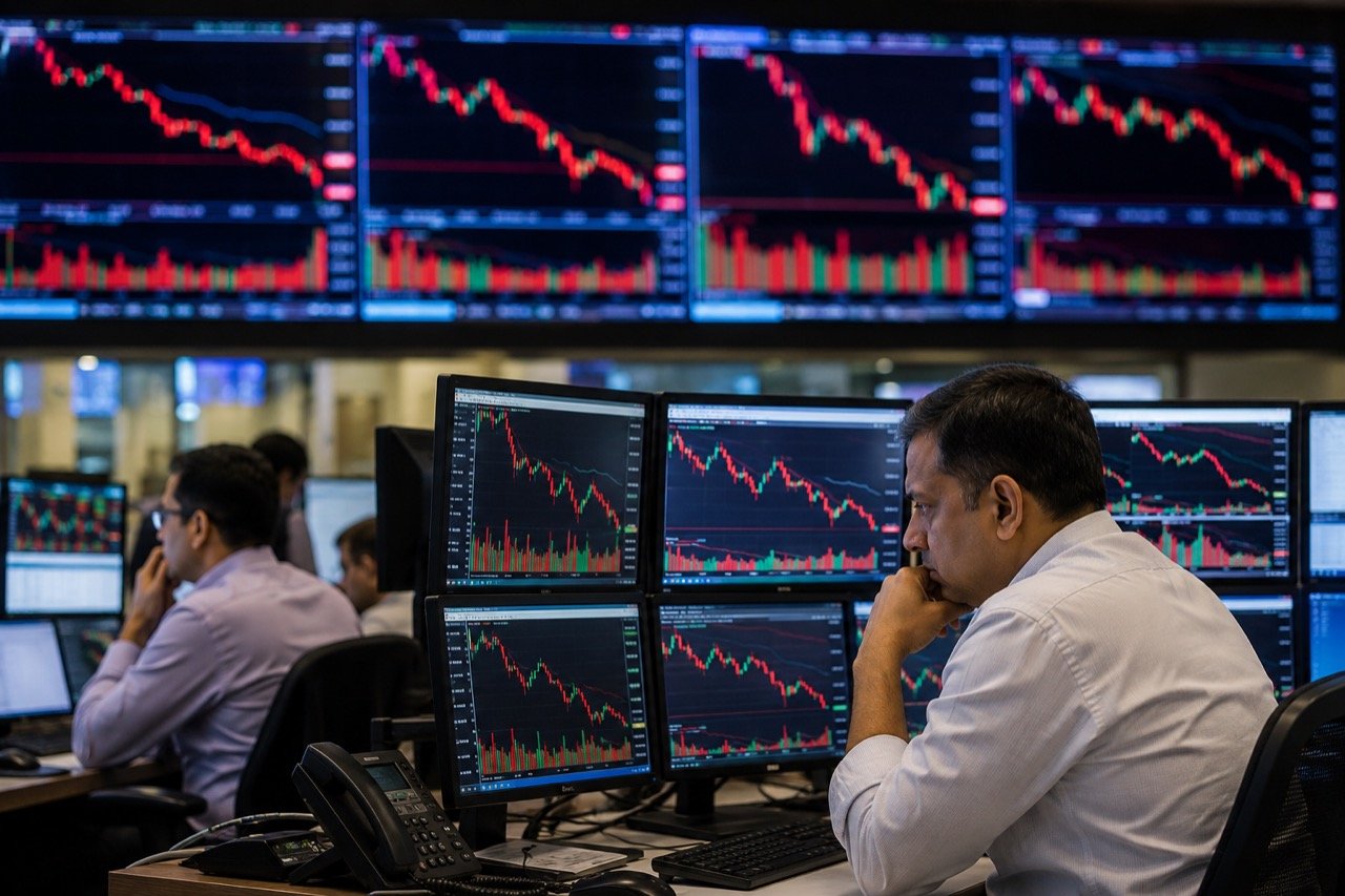 A declining red candlestick chart displayed on the facade of the Bombay Stock Exchange building against an overcast sky, representing a down day for the Sensex and Nifty