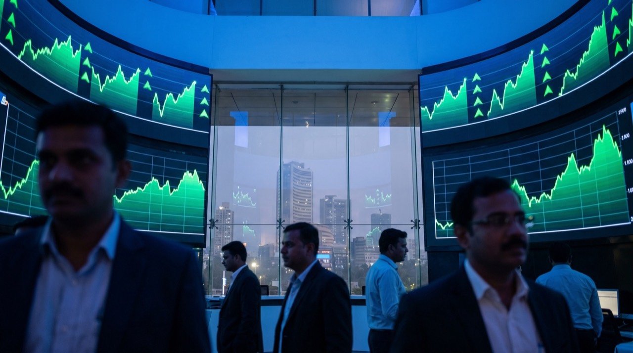 Rising market charts on a screen, symbolising India's economic ambitions.